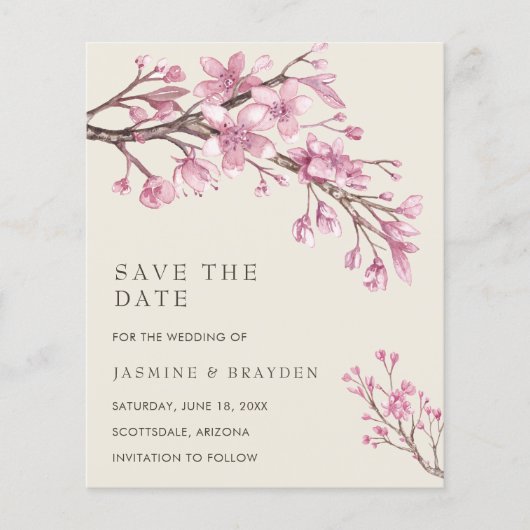 ピンクのエレガントフローラ予算の結婚式の日付を保存 (正面)