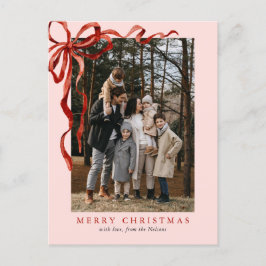 ピンクのエレガント水彩赤い弓クリスマスフォト シーズンポストカード