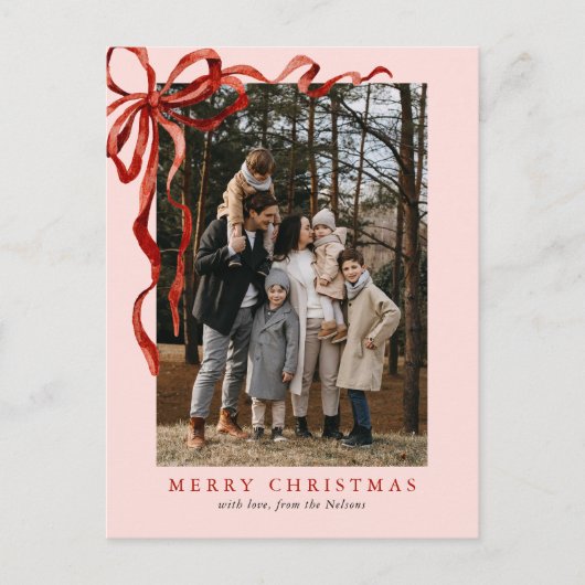 ピンクのエレガント水彩赤い弓クリスマスフォト シーズンポストカード (正面)