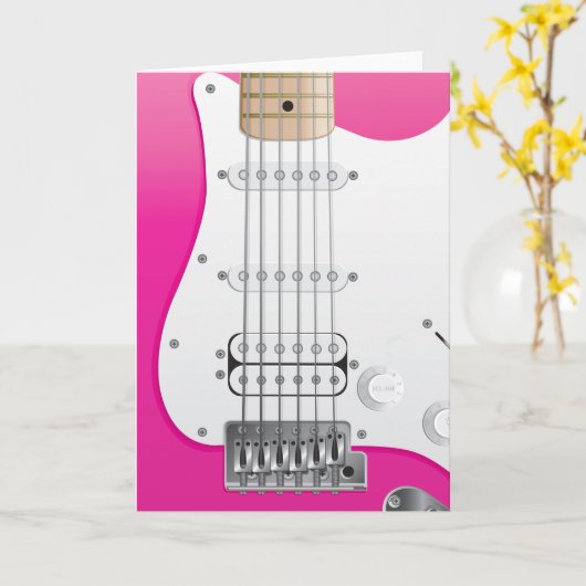 ピンクのエレキギターの挨拶状 カード (黄色い花)
