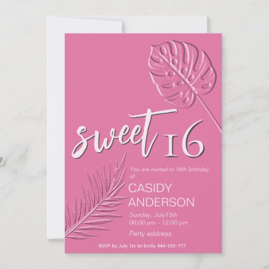 ピンクのエンボス離れ熱帯の夏の甘さ16 招待状 (正面)