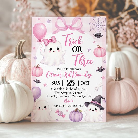 ピンクのオバケのトリック・オア・スリー ハロウィン 誕生日 招待状