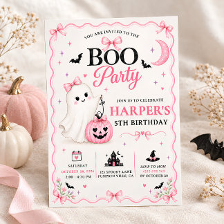 ピンクのオバケのBooパーティーハロウィン誕生日 招待状