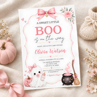 ピンクのオバケのLittle Booハロウィンベビーシャワー 招待状