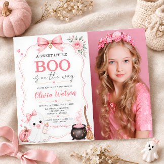 ピンクのオバケのLittle Booフォト ハロウィンベビーシャワー 招待状