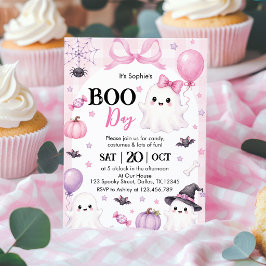 ピンクのオバケ ハロウィンパーティーのおたんじょうび 招待状