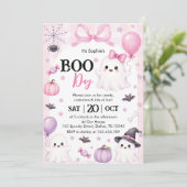 ピンクのオバケ ハロウィンパーティーのおたんじょうび 招待状 (スタンド正面)