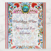 ピンクのオリエンタルフラワーダマスクブルージェムモノグラム ワインラベル (シングルラベル)