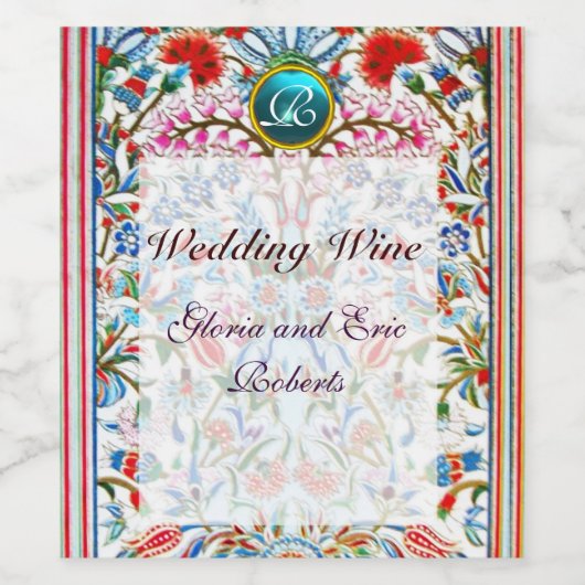 ピンクのオリエンタルフラワーダマスクブルージェムモノグラム ワインラベル (シングルラベル)