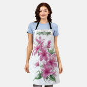 ピンクのオリエンタルリリーパーソナライズされた花 エプロン (着用した状態)