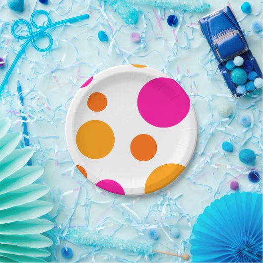 ピンクのオレンジおよび黄色の水玉模様の紙皿 ペーパープレート (パーティー)