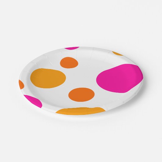 ピンクのオレンジおよび黄色の水玉模様の紙皿 ペーパープレート (アングル)