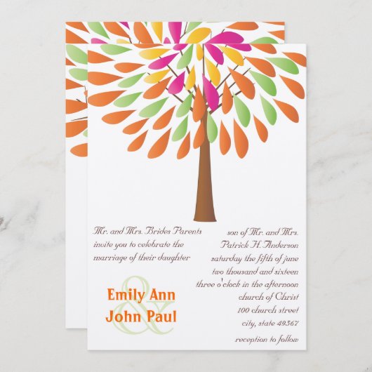 ピンクのオレンジとモダン緑の結婚花 招待状 (正面/裏面)