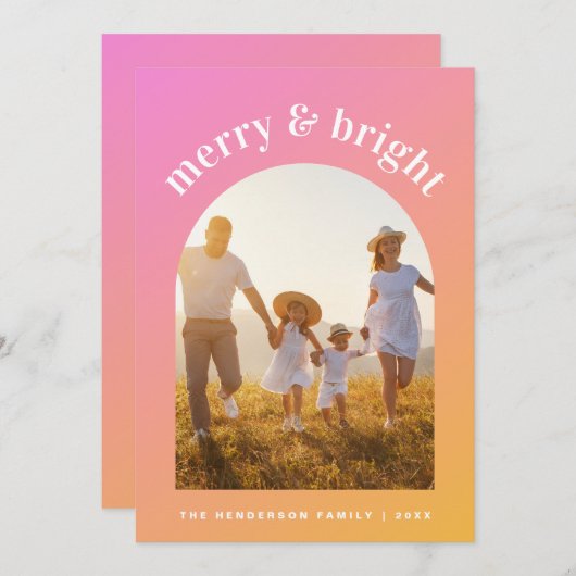 ピンクのオレンジメリー色の明るい写真のアーチ型フレーム シーズンカード (正面/裏面)