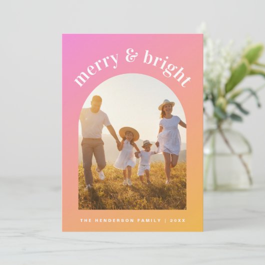 ピンクのオレンジメリー色の明るい写真のアーチ型フレーム シーズンカード (スタンド正面)