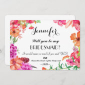 ピンクのオレンジ水彩画の庭の新婦付添人の招待 招待状 (正面/裏面)