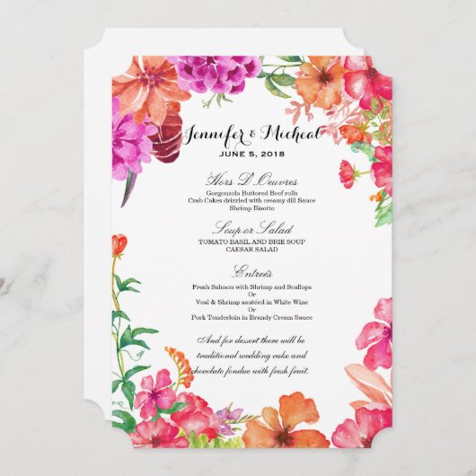 ピンクのオレンジ水彩画の庭園の結婚式メニュー メニュー (正面/裏面)