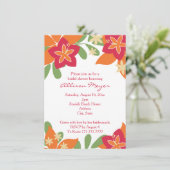 ピンクのオレンジ熱帯ハイビスカスの花のブライダルシャワー 招待状 (スタンド正面)