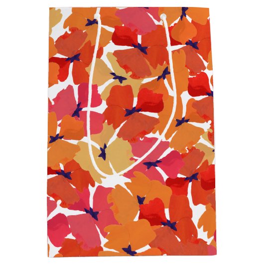 ピンクのオレンジ色と白の黄色のポピーのパターン ミディアムペーパーバッグ (正面)