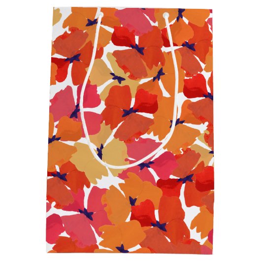 ピンクのオレンジ色と白の黄色のポピーのパターン ミディアムペーパーバッグ (裏面)