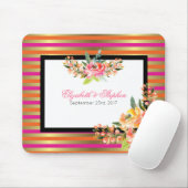 ピンクのオレンジ色と金ゴールドの水色花模様ストライプ マウスパッド (マウス)