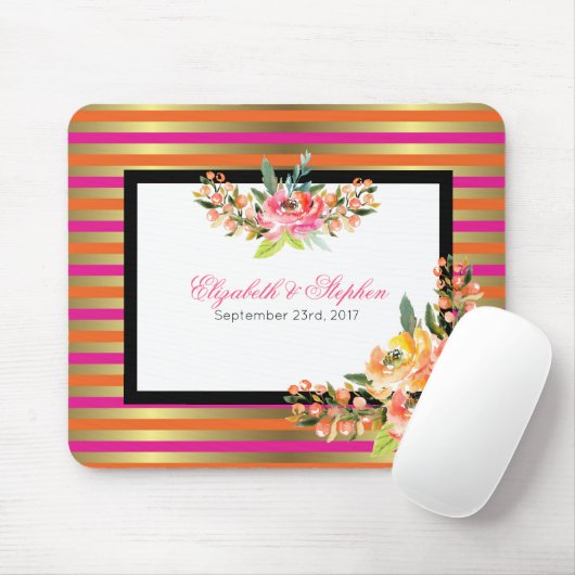 ピンクのオレンジ色と金ゴールドの水色花模様ストライプ マウスパッド (マウス)