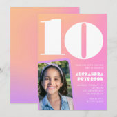 ピンクのオレンジ色のグラデーション10thの誕生日招待状 招待状 (正面/裏面)