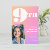 ピンクのオレンジ色のグラデーション9th誕生日の招待状の写真 招待状 (スタンド正面)