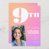 ピンクのオレンジ色のグラデーション9th誕生日の招待状の写真 招待状 (正面/裏面)