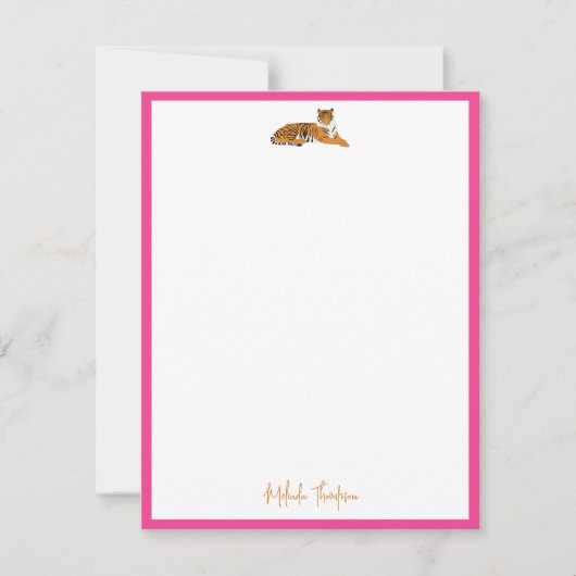 ピンクのオレンジ色のジャングルタイガースクリプトのパーソナライズ ノートカード (正面)