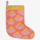 ピンクのオレンジ色のデイジーの花のパタパーソナライズされたーン スモールクリスマスストッキング (正面)
