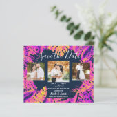 ピンクのオレンジ色のトロピカル葉なの結婚式の日付を保存 (スタンド正面)