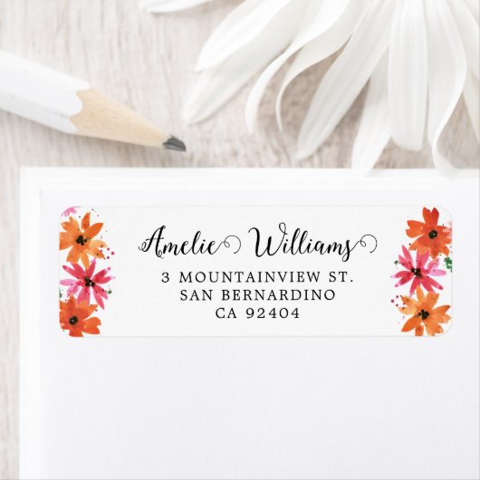 ピンクのオレンジ色のフローラお洒落スクリプト差出人住所 ラベル (インサイチュ)