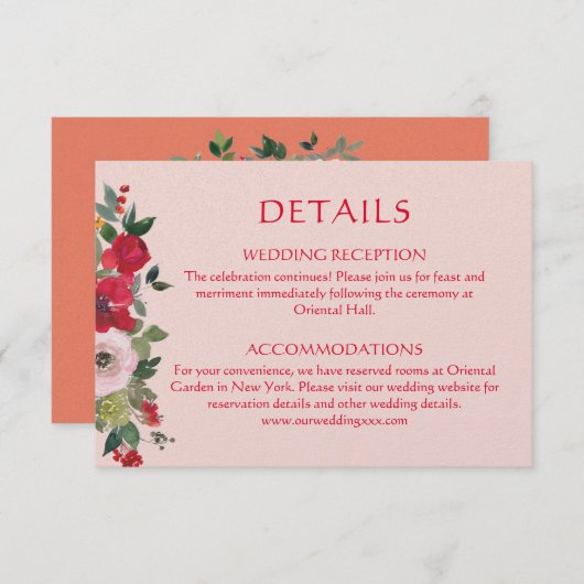 ピンクのオレンジ色のフローラ中国のリース結婚詳細 エンクロージャーカード (正面/裏面)