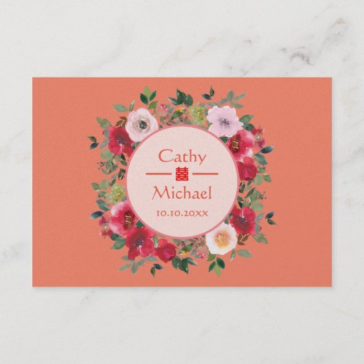 ピンクのオレンジ色のフローラ中国のリース結婚詳細 エンクロージャーカード (裏面)