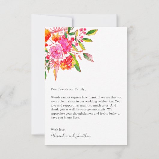 ピンクのオレンジ色のフローラ結婚の編集可能なメッセージ サンキューカード (裏面)