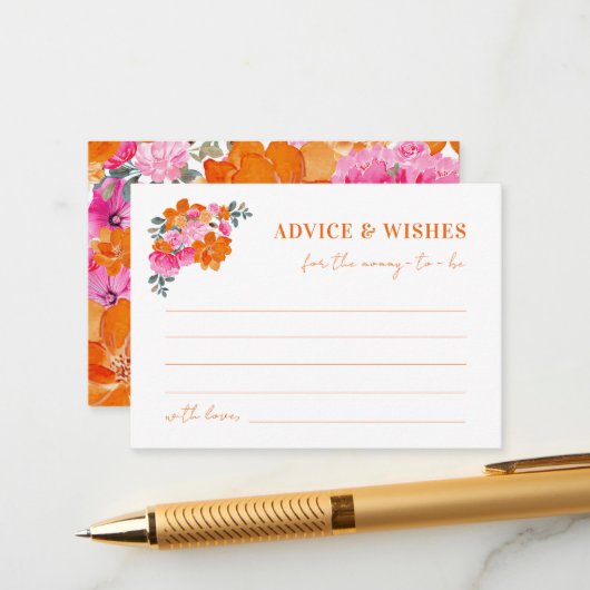 ピンクのオレンジ色のフローラ赤ちゃんシャワーアドバイスとウィッシュ エンクロージャーカード (正面/裏面インサイチュ)