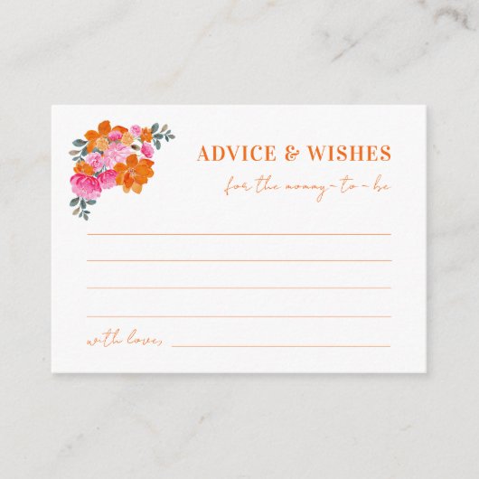 ピンクのオレンジ色のフローラ赤ちゃんシャワーアドバイスとウィッシュ エンクロージャーカード (正面)