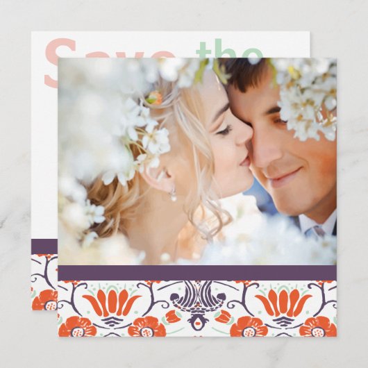 ピンクのオレンジ色のミントパープルの写真モダン日付を保存 セーブザデート (正面/裏面)