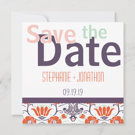 ピンクのオレンジ色のミントパープルの写真モダン日付を保存 セーブザデート (裏面)