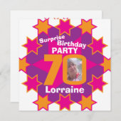 ピンクのオレンジ色の星写真70サプライズ誕生日パーティー 招待状 (正面/裏面)