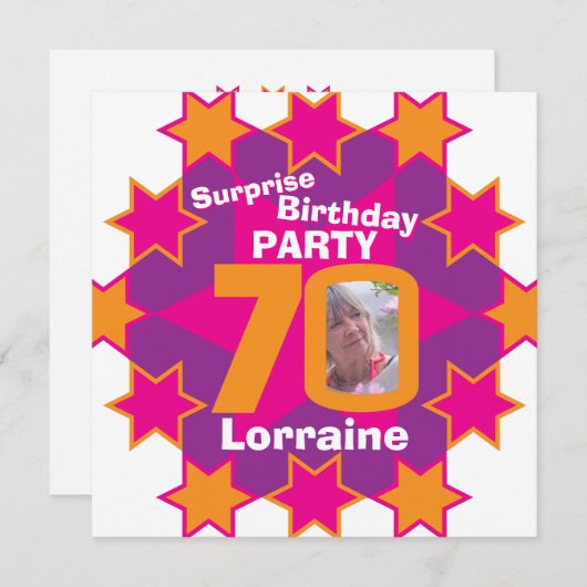 ピンクのオレンジ色の星写真70サプライズ誕生日パーティー 招待状 (正面/裏面)