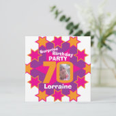 ピンクのオレンジ色の星写真70サプライズ誕生日パーティー 招待状 (スタンド正面)