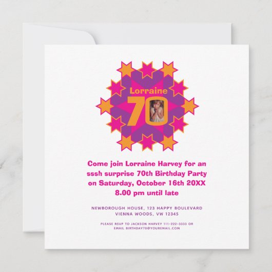 ピンクのオレンジ色の星写真70サプライズ誕生日パーティー 招待状 (裏面)