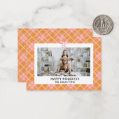 ピンクのオレンジ色の格子柄のボウフォトクリスマスカード ノートカード (正面/裏面インサイチュ)