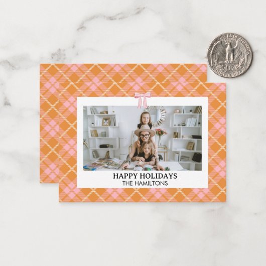 ピンクのオレンジ色の格子柄のボウフォトクリスマスカード ノートカード (正面/裏面インサイチュ)