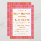 ピンクのオレンジ色の格子模様のイチョウ市松模様にハム赤ちゃんシャワー 招待状 (正面/裏面)