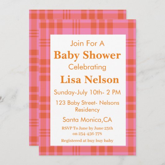 ピンクのオレンジ色の格子模様のイチョウ市松模様にハム赤ちゃんシャワー 招待状 (正面/裏面)