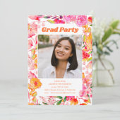 ピンクのオレンジ色の水の色の花グラードパーティー写真 招待状 (スタンド正面)