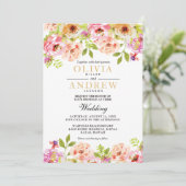 ピンクのオレンジ色の水彩枠の花 | 結婚s 招待状 (スタンド正面)